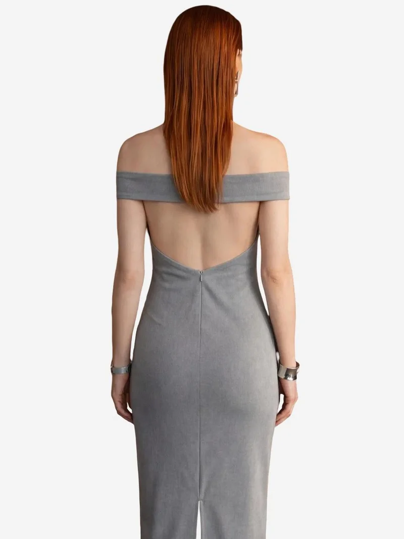 MY FASHION Grey MY FASHION Off Shoulder Bodycon Maxi Dress with Slit for Women | Best Price UAE